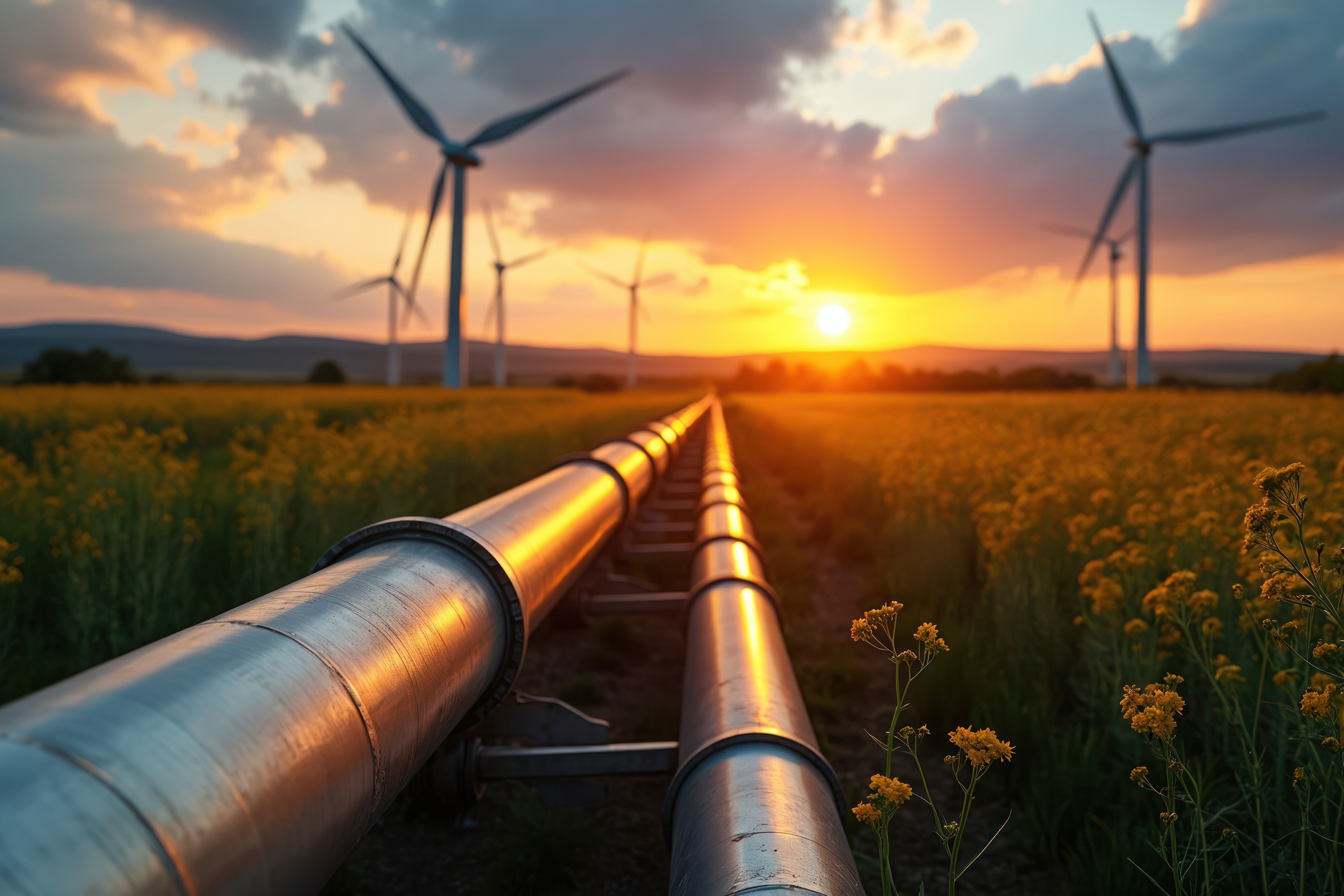 Gas pipe wind turbines at sunset