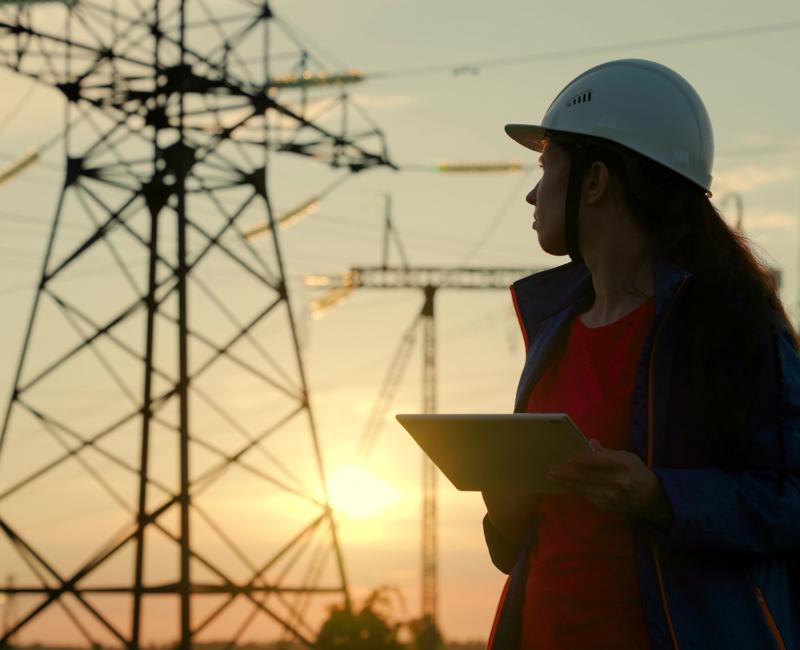 Woman engineer checking electrical pylons