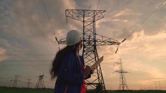 Woman checking the electricity transmission system pillar and reporting.