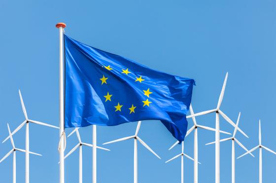 EU flag among wind turbines