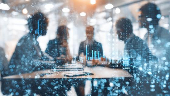 Team meeting with data overlay