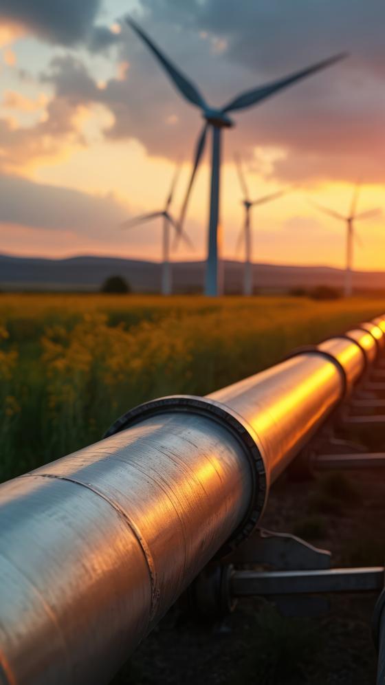 Gas pipe wind turbines at sunset
