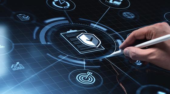 Hand interacting with digital hologram of security, compliance, monitoring, data collection